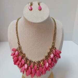 GoldTone Teal PINK Teardrop Bib Statement Necklace Earrings SHB sign Jewelry Set